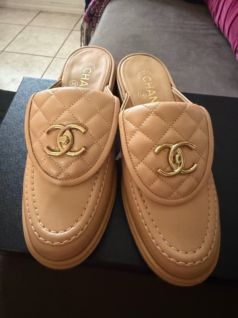 CHANEL Tan Quilted Leather Logo Backless Loafers